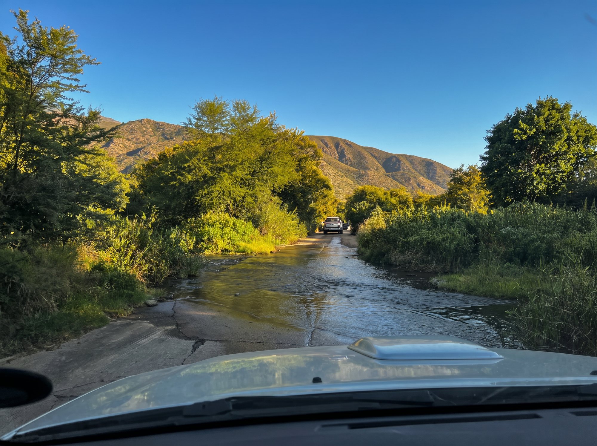 A river crossing through the windscreen