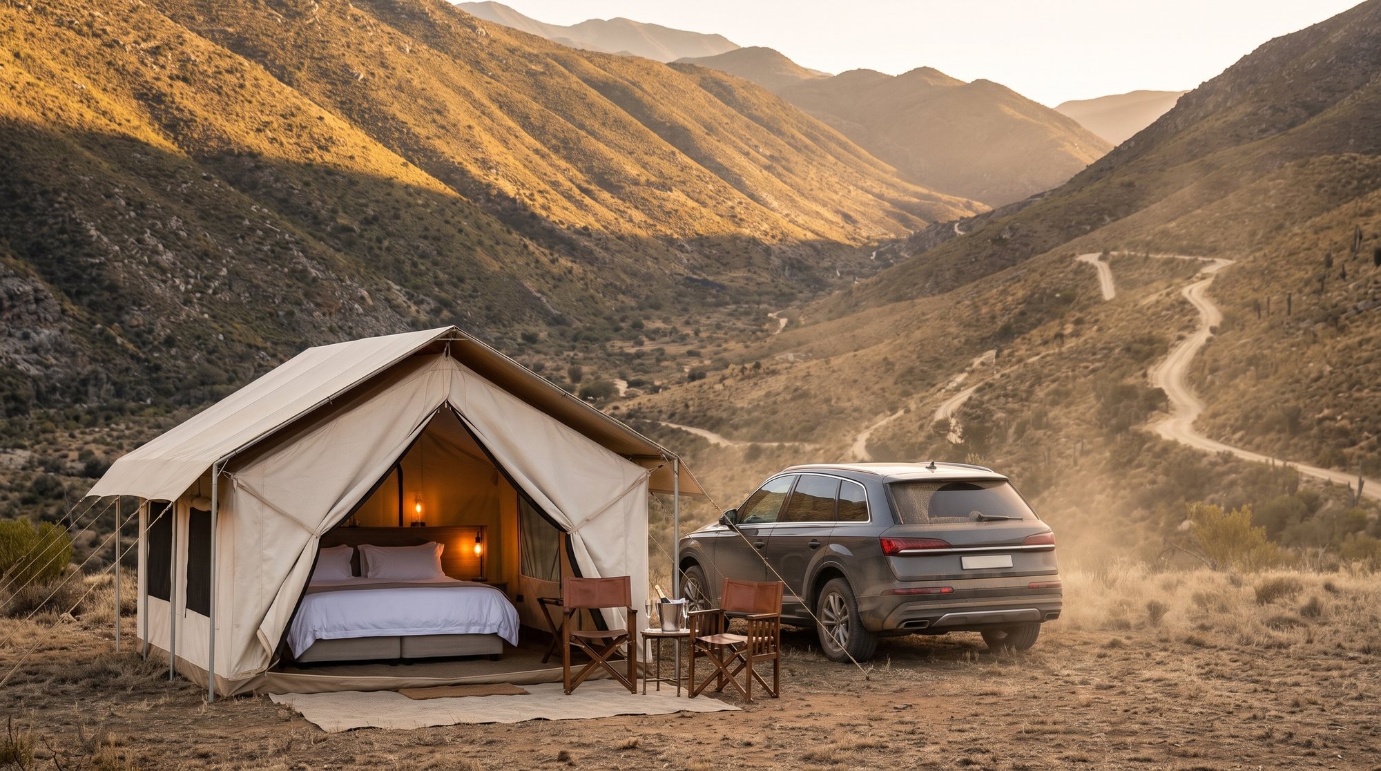 Your suite, already standing, on the valley floor as the light goes gold