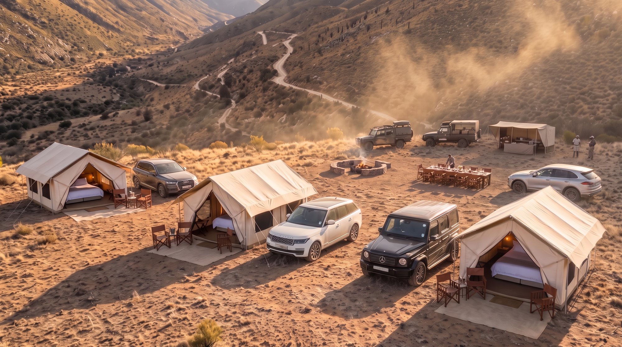 Four suites and four cars on the valley floor at last light