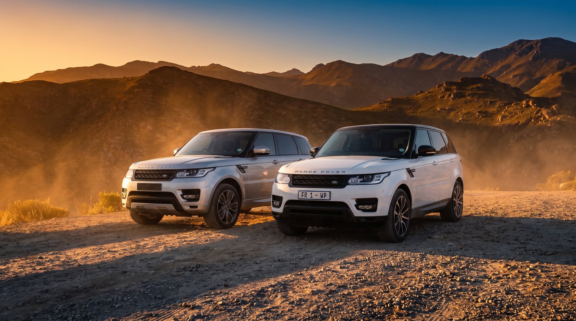 Two luxury 4×4s at the foot of the Swartberg, last light