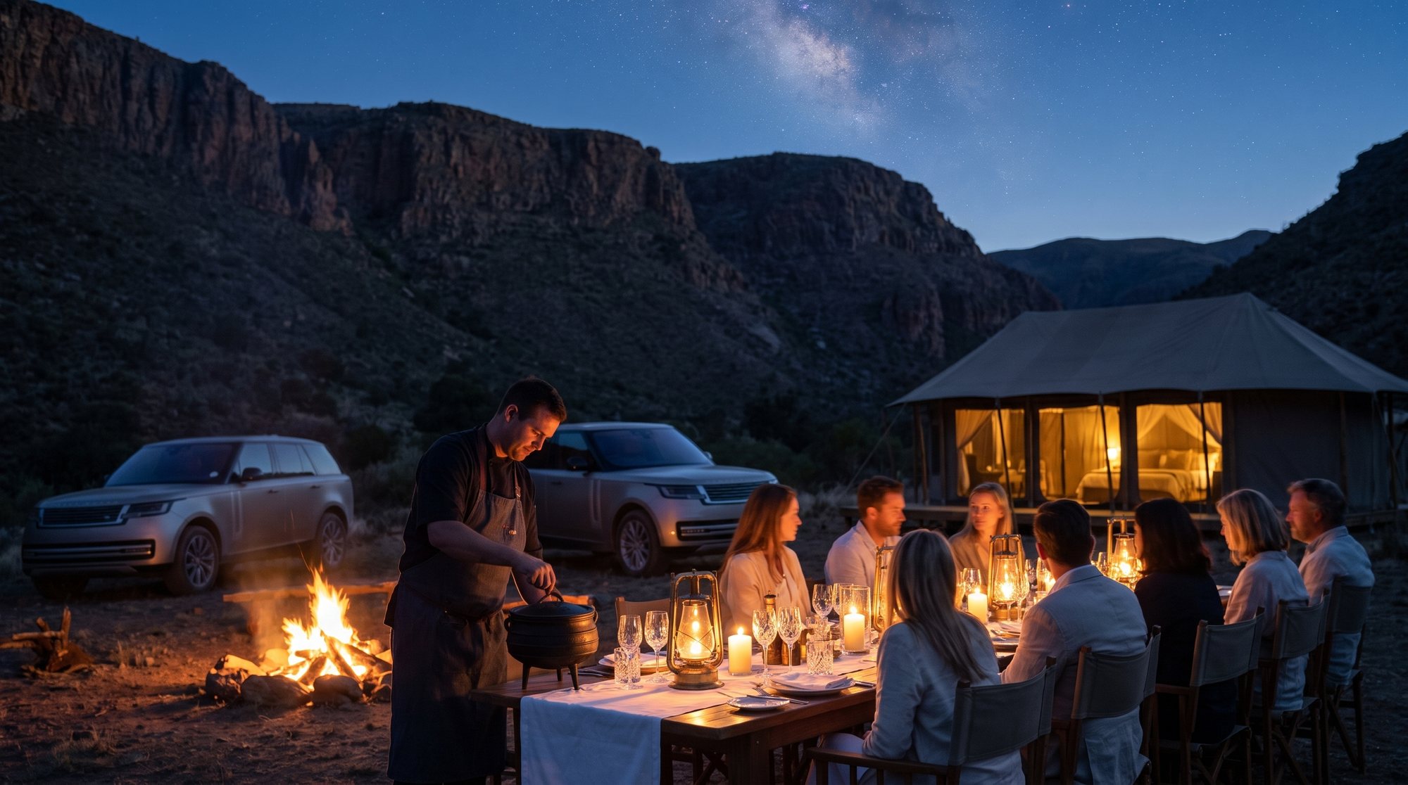 Supper for eight at the fire, under the Milky Way
