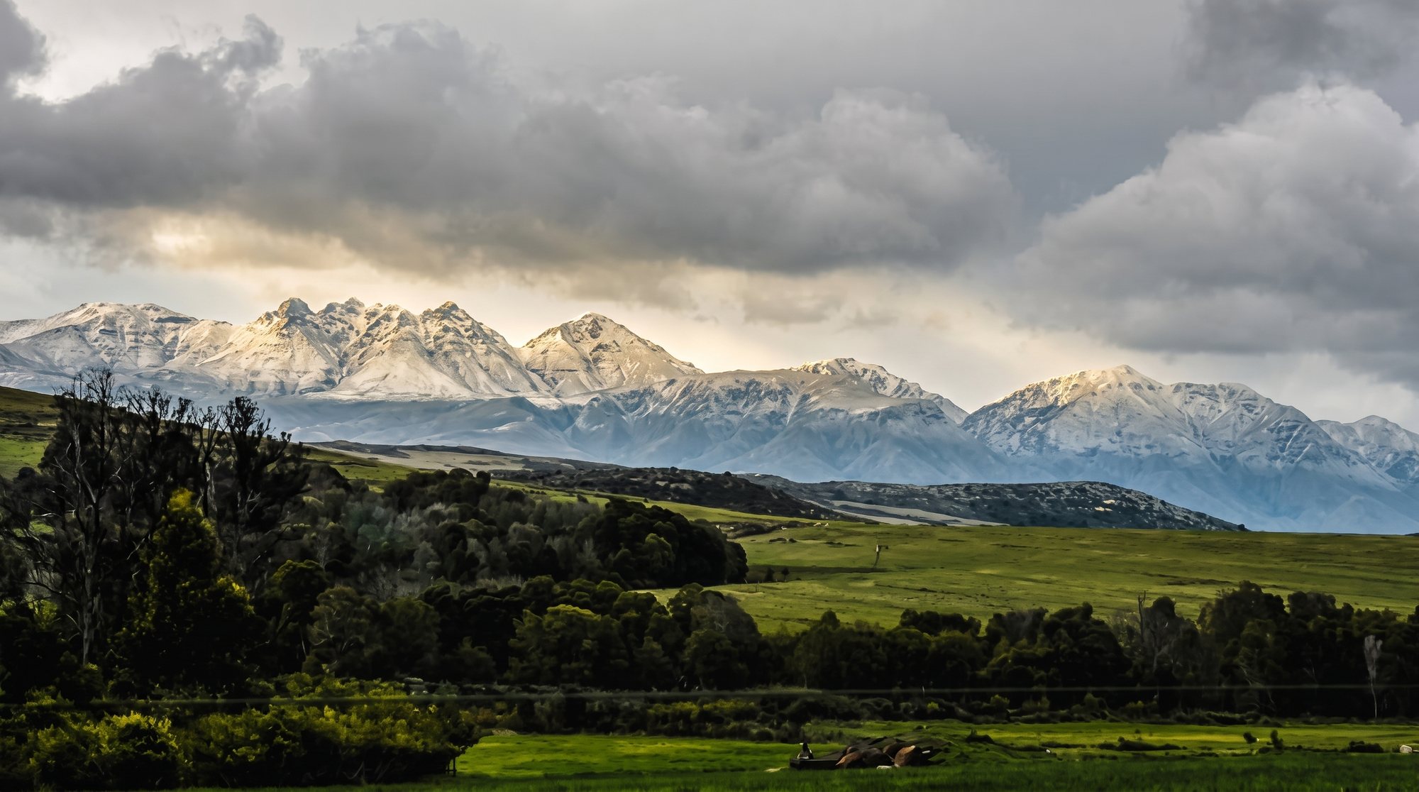 Snow on the Outeniqua peaks above green farmland