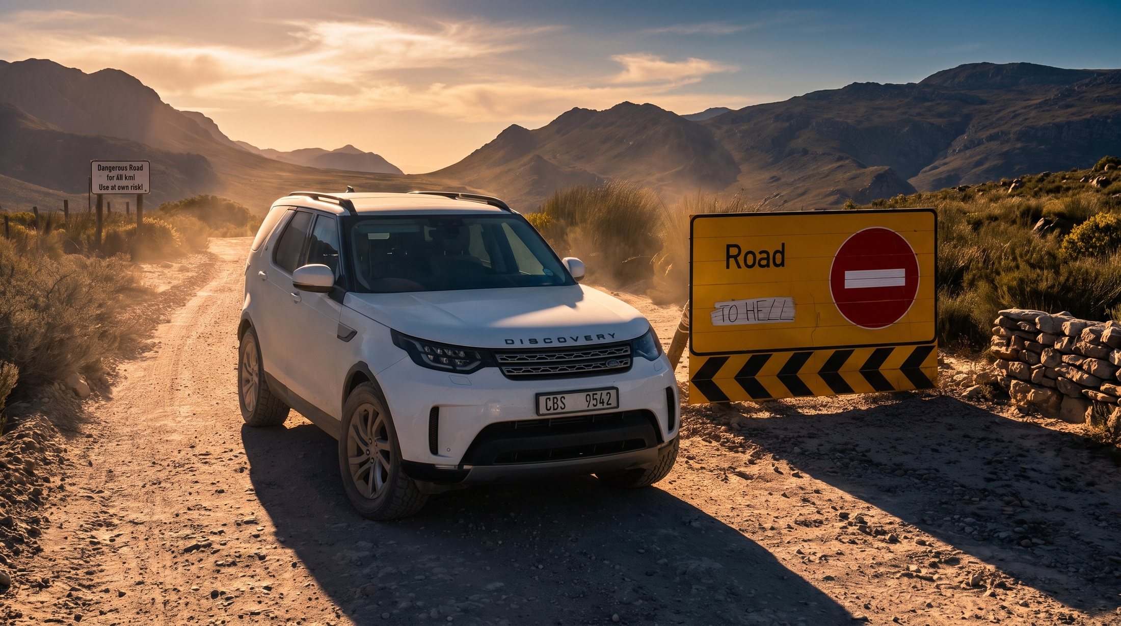 A factory-standard luxury 4×4 at the top of the road into Die Hel, last light