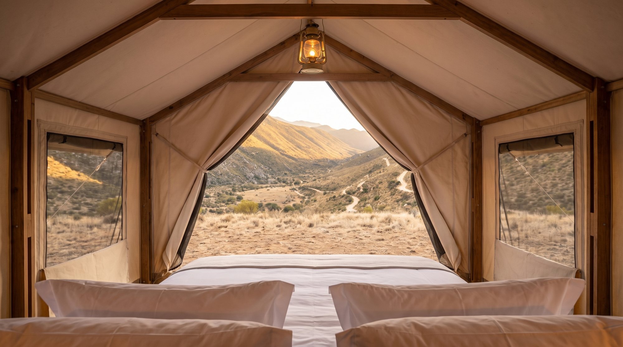 A king bed open to the landscape at dusk