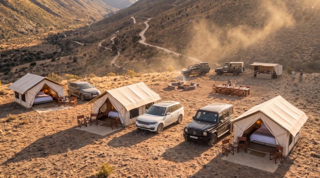 Four canvas suites and a 4x4 at a camp on a valley floor in golden evening light
