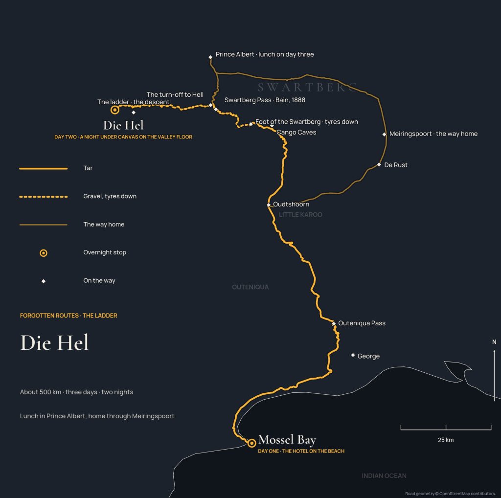 Map of The Ladder expedition route from Mossel Bay over the Swartberg Pass into Gamkaskloof, Die Hel, and home via Prince Albert and Meiringspoort