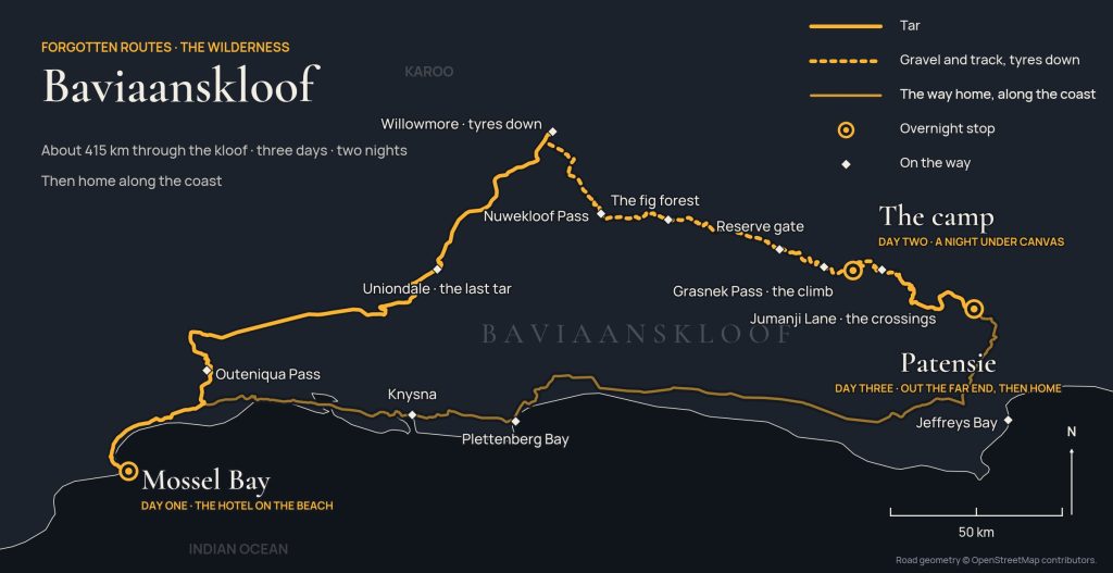 Map of The Wilderness expedition route from Mossel Bay through the Baviaanskloof to Patensie and back along the Garden Route coast
