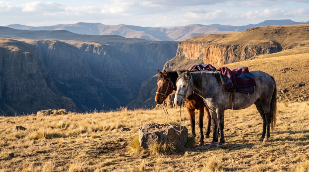 Illustration of two saddled Basotho ponies near the rim of a gorge