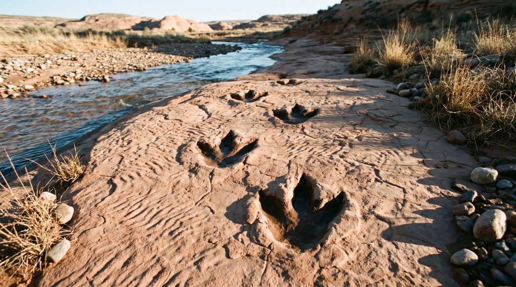 Illustration of three-toed dinosaur footprints in a sandstone riverbed