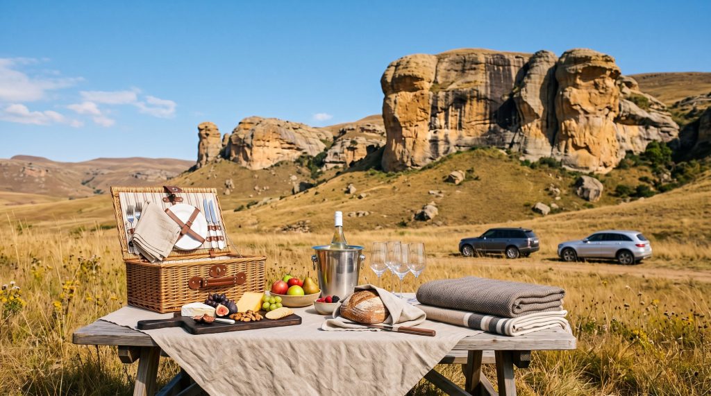 Illustration of a picnic table beneath golden sandstone cliffs