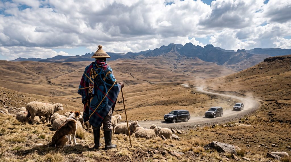 Illustration of a Basotho shepherd in a blanket watching 4x4s pass on a high gravel road