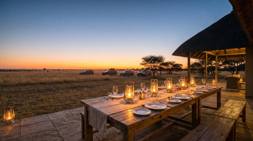 Illustration of a table set for dinner on the stoep of a lodge in the veld at dusk