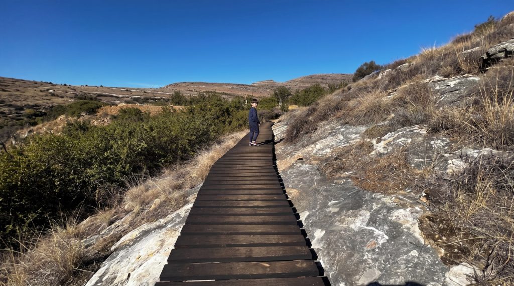 A boy walking up a wooden boardwalk over sandstone near Clarens under a clear blue sky