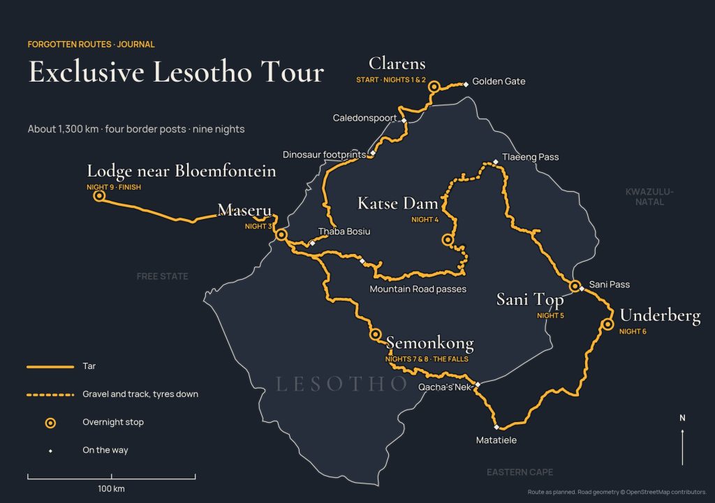 Map of the Exclusive Lesotho Tour route from Clarens through Lesotho to Sani Pass, Underberg, Qacha's Nek, Semonkong and Bloemfontein