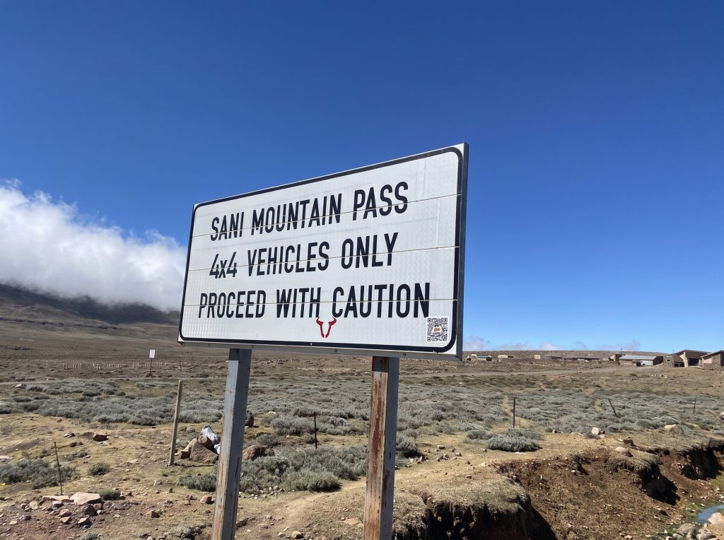 Road sign at the top of Sani Pass: 4x4 vehicles only, proceed with caution